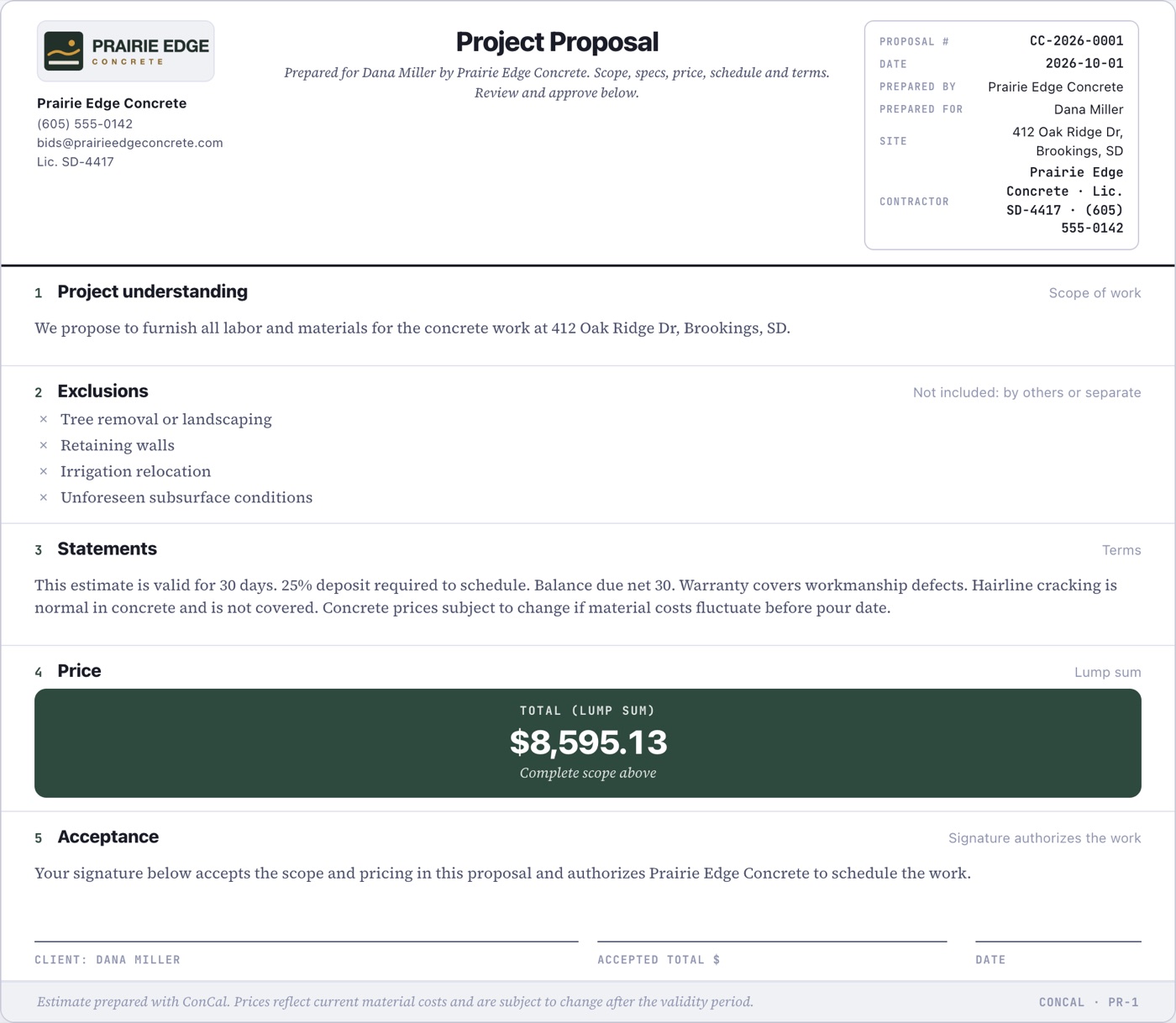 A ConCal proposal from Prairie Edge Concrete, with its logo, for Dana Miller at 412 Oak Ridge Dr: scope, exclusions, terms, a lump-sum price of $8,595.13 and the signature block.