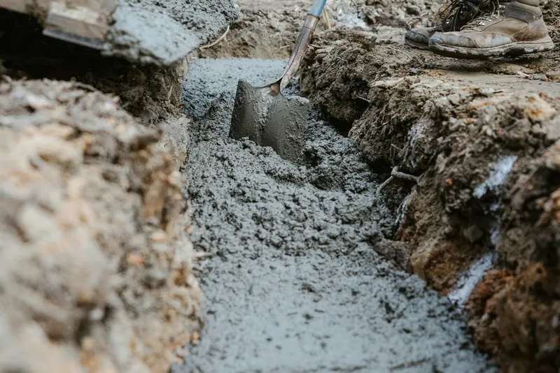 A shovel working wet concrete along the bottom of a narrow footing trench, cut earth on both sides and a boot at the edge.